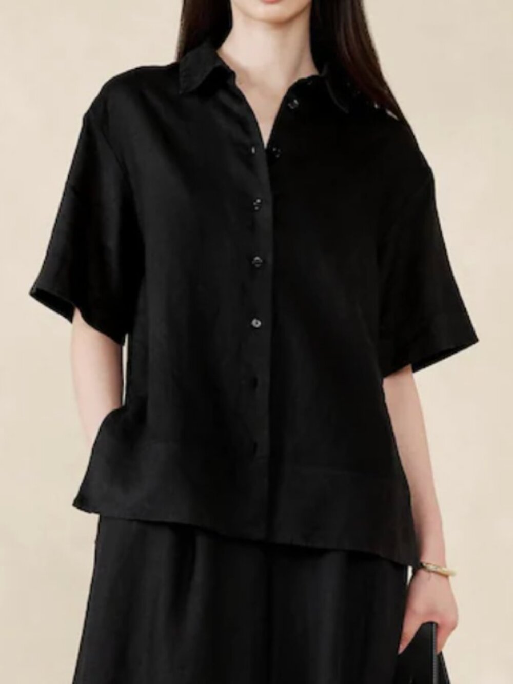 Banana Republic Black 100% Linen Short Sleeve Boxy Top, Large Petite